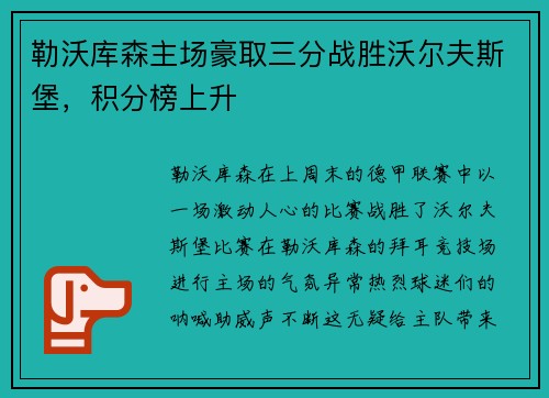 勒沃库森主场豪取三分战胜沃尔夫斯堡，积分榜上升